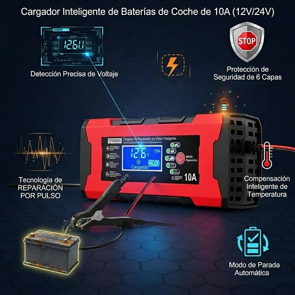 Cargador de Batería Inteligente 12V para Auto - Carga Rápida 10A
