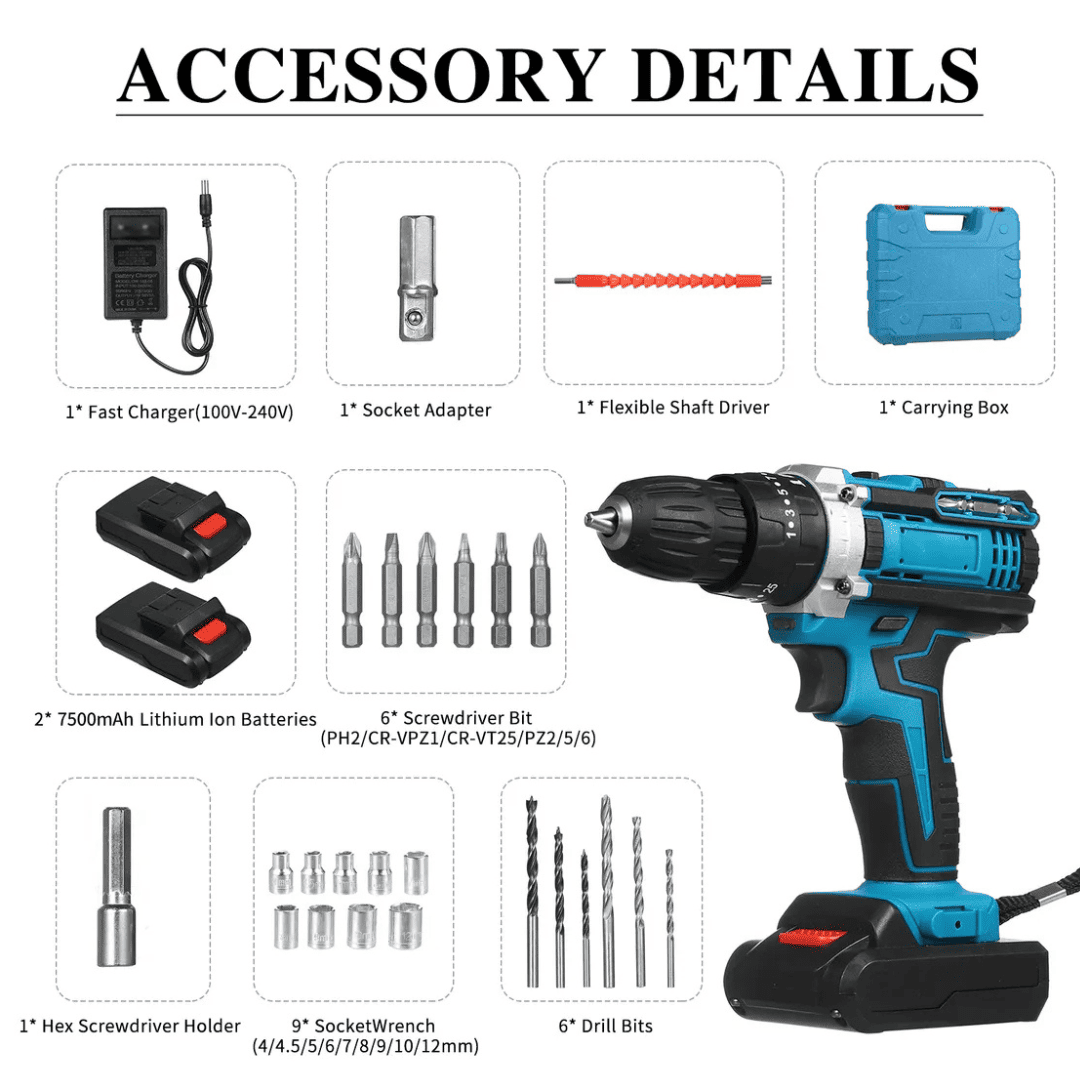 Taladro Inalámbrico Profesional 48V con 2 Baterías y Kit Completo de Accesorios